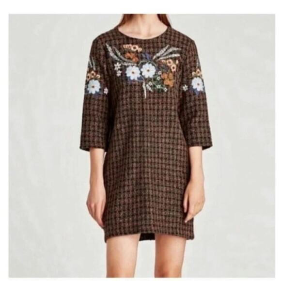 Zara Tweed Mini Floral Embroidered Brown/Orange Sequins Ladies Dress - Picture 1 of 9
